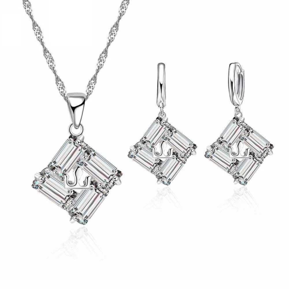 925 Sterling Silver Necklace And Earrings Set Square Drop Hoop - Picture 4 of 4